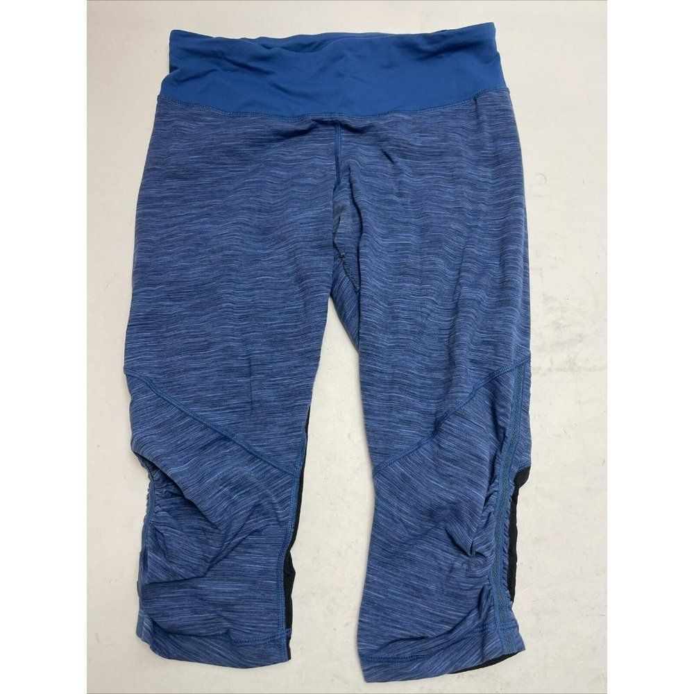 Lululemon Crop Tights Ruffle Trim Mesh Leg Zip Pocket Blue Size 6